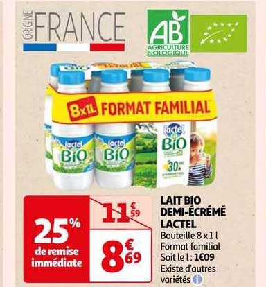 lait bio demi-écrémé lactel