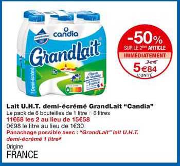 lait uht demi-écrémé grandlait candia