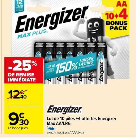 lot de 10 piles + 4 offertes energizer max aa/lr6