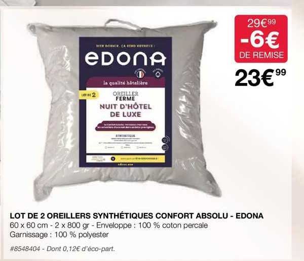 lot de 2 oreillers synthétiques confort absolu - edona