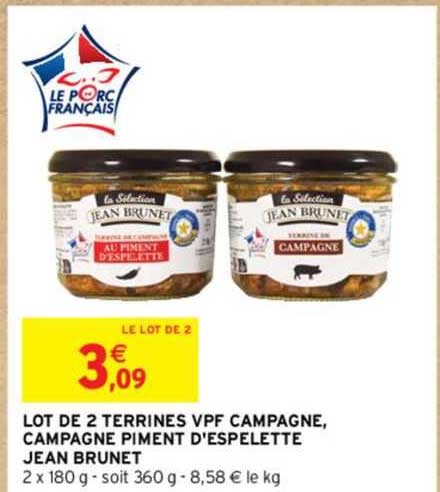 lot de 2 terrines vpf campagne, campagne piment d'espelette jean brunet