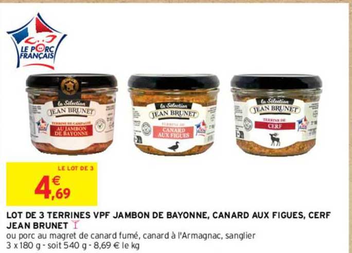 lot de 3 terrines vpf jambon de bayonne, canard aux figues, cerf jean brunet