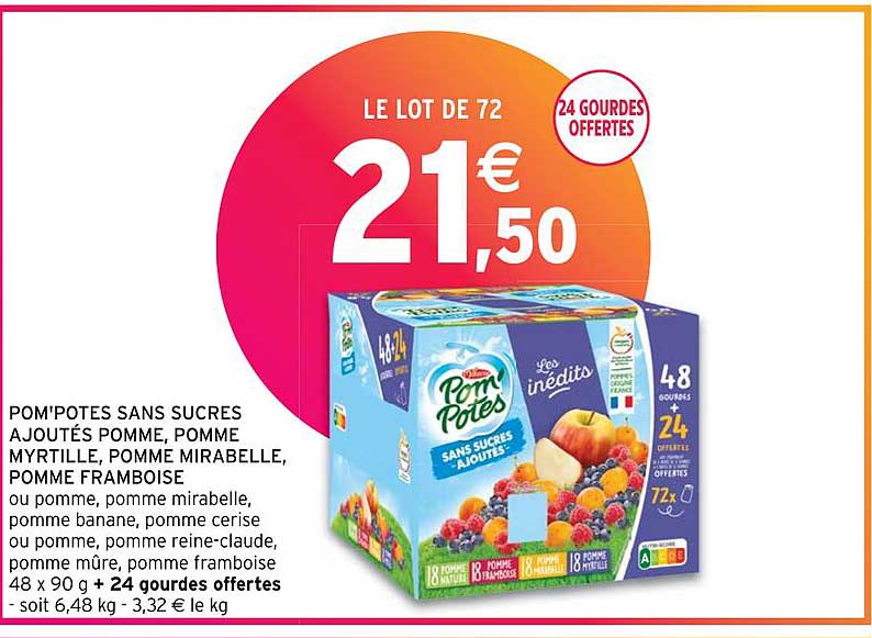 Pom'potes Sans Sucres Ajoutés Pomme, Pomme Myrtille, Pomme Mirabelle, Pomme Framboise