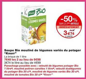 soupe bio mouliné de légumes variés du potager knorr