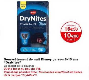 sous-vêtement de nuit disney garçon 8-15 ans "dryNites"