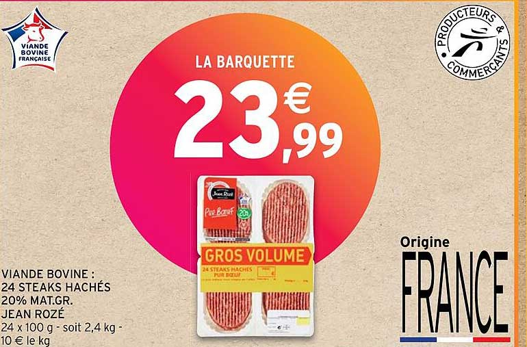 viande bovine : 24 steaks hachés 20% mat. gr. jean rozé