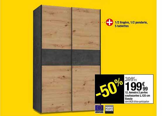 armoire 2 portes coulissantes l120 cm ozzula