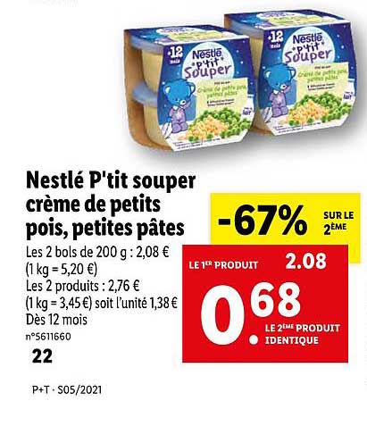 nestlé p'tit souper crème de petits pois, petites pâtes