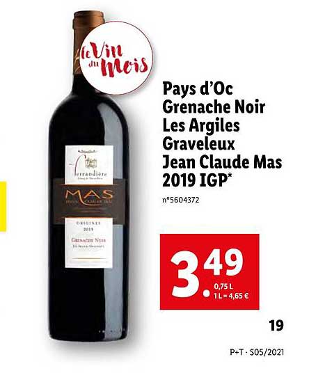 pays d'oc grenache noir les argiles graveleux jean claude mas 2019 igp