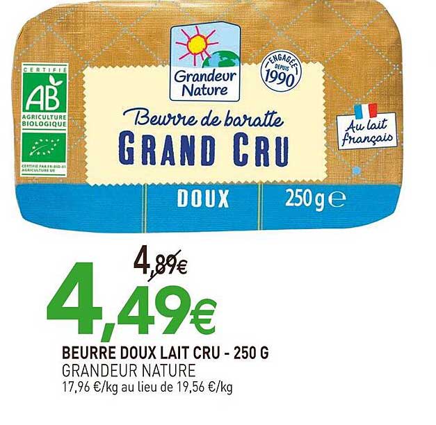 beurre doux lait cru grandeur nature - 250 g