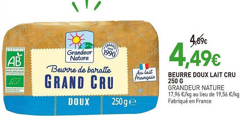 beurre doux lait cru grandeur nature 250 g