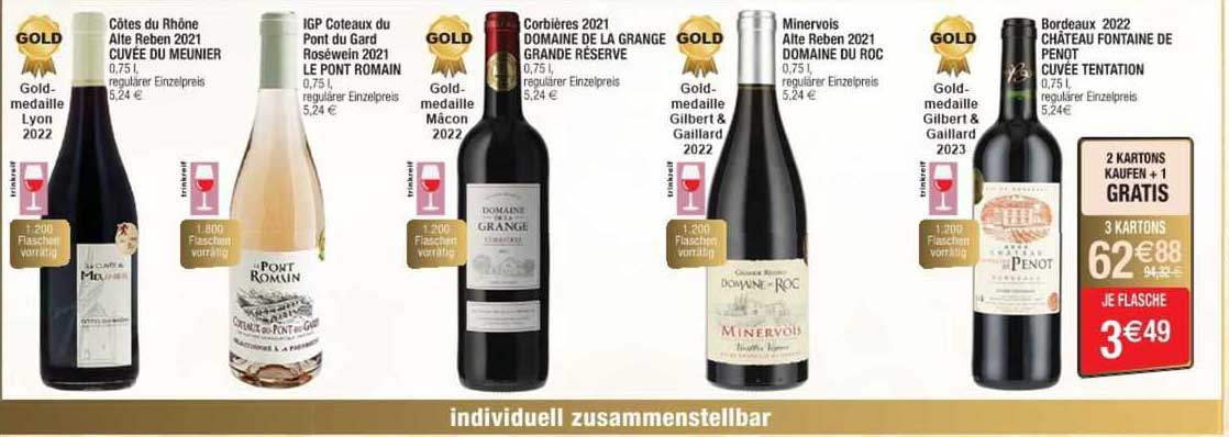 côtes du rhône alte reben 2021 cuvée du meunier, igp coteaux du pont du gard roséwein 2021 le pont romain, corbières 2021 domaine de la grange grande réserve, minervois alte reben 2021 domaine du roc,