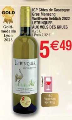igp côtes de gascogne gros manseng weißwein lieblich 2022 letrinquer, aux vols des grues