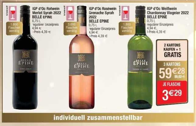 igp d'oc rotwein merlot syrah 2022 belle épine, igp d'oc rosewein grenache syrah 2022 belle épine, igp d'oc weißwein chardonnay viognier 2022 belle épine