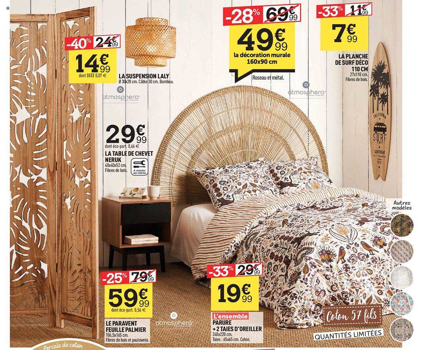 la suspension laly, la table de chevet neruk, le paravent feuille palmier, parure + 2 taies d'oreiller, la décoration murale 160 x 90 cm, la planche de surf déco 110 cm