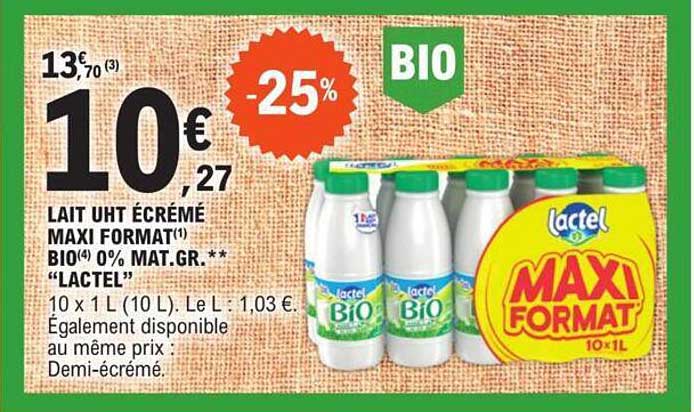 lait uht écrémé maxi format bio 0% mat.gr. "lactel"