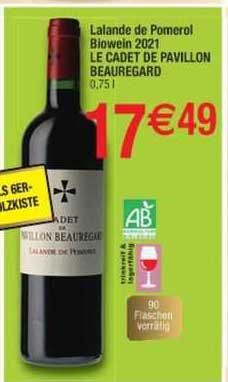 lalande de pomerol biowein 2021 le cadet de pavillon beauregard