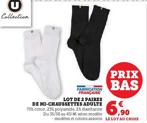lot de 2 paires de mi-chaussettes adulte u collection