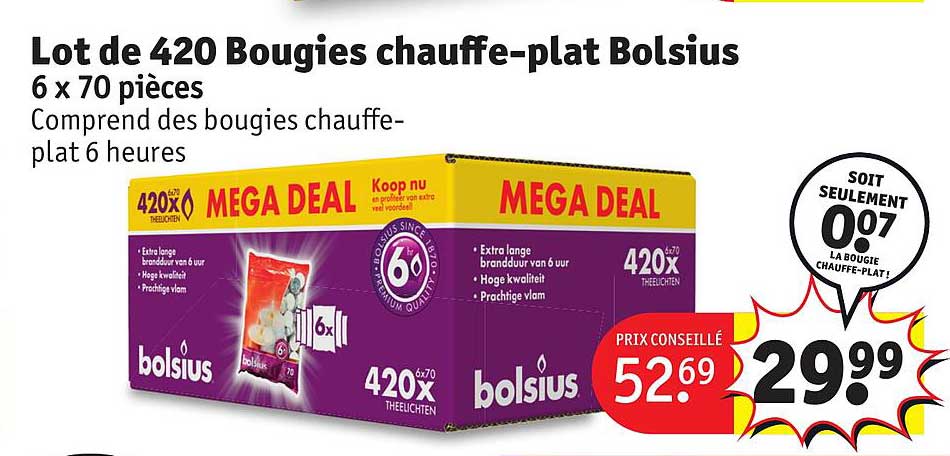 lot de 420 bougies chauffe-plat bolsius 6 x 70 pièces