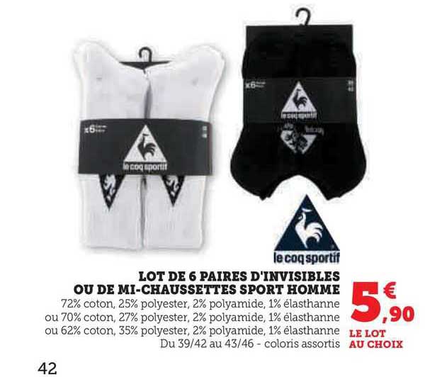 lot de 6 paires d'invisibles ou de mi-chaussettes sport homme le coq sportif