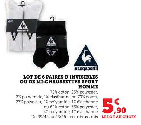 lot de 6 paires d'invisibles ou de mi-chaussettes sport homme