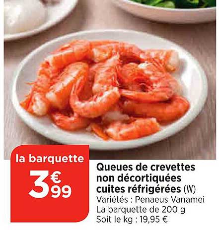queues de crevettes non décortiquées cuites réfrigérées