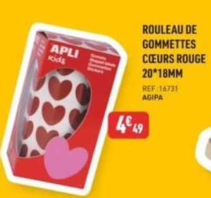 rouleau de gommettes coeurs rouge 20*18 mm apli