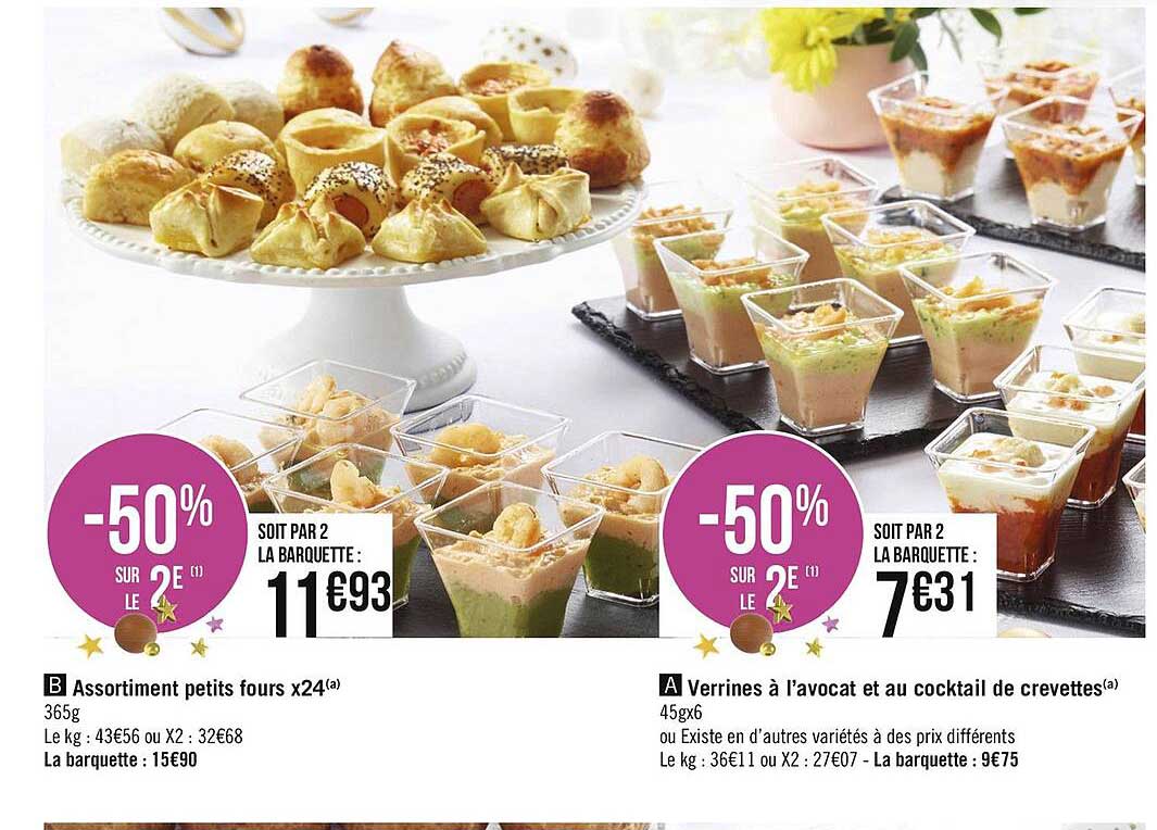 assortiment petits fours x24, verrines à l'avocat et au cocktail de crevettes