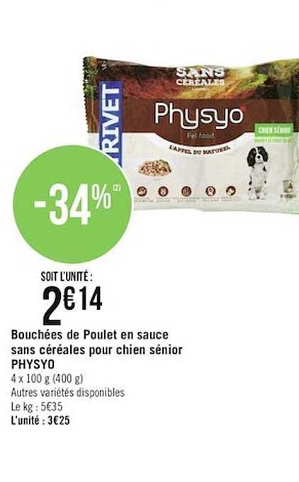 bouchées de poulet en sauce sans céréales pour chien sénior physyo