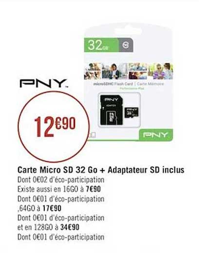 carte micro sd 32 go + adaptateur sd inclus pny