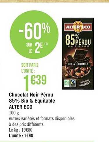 chocolat noir pérou 85% bio & équitable alter eco