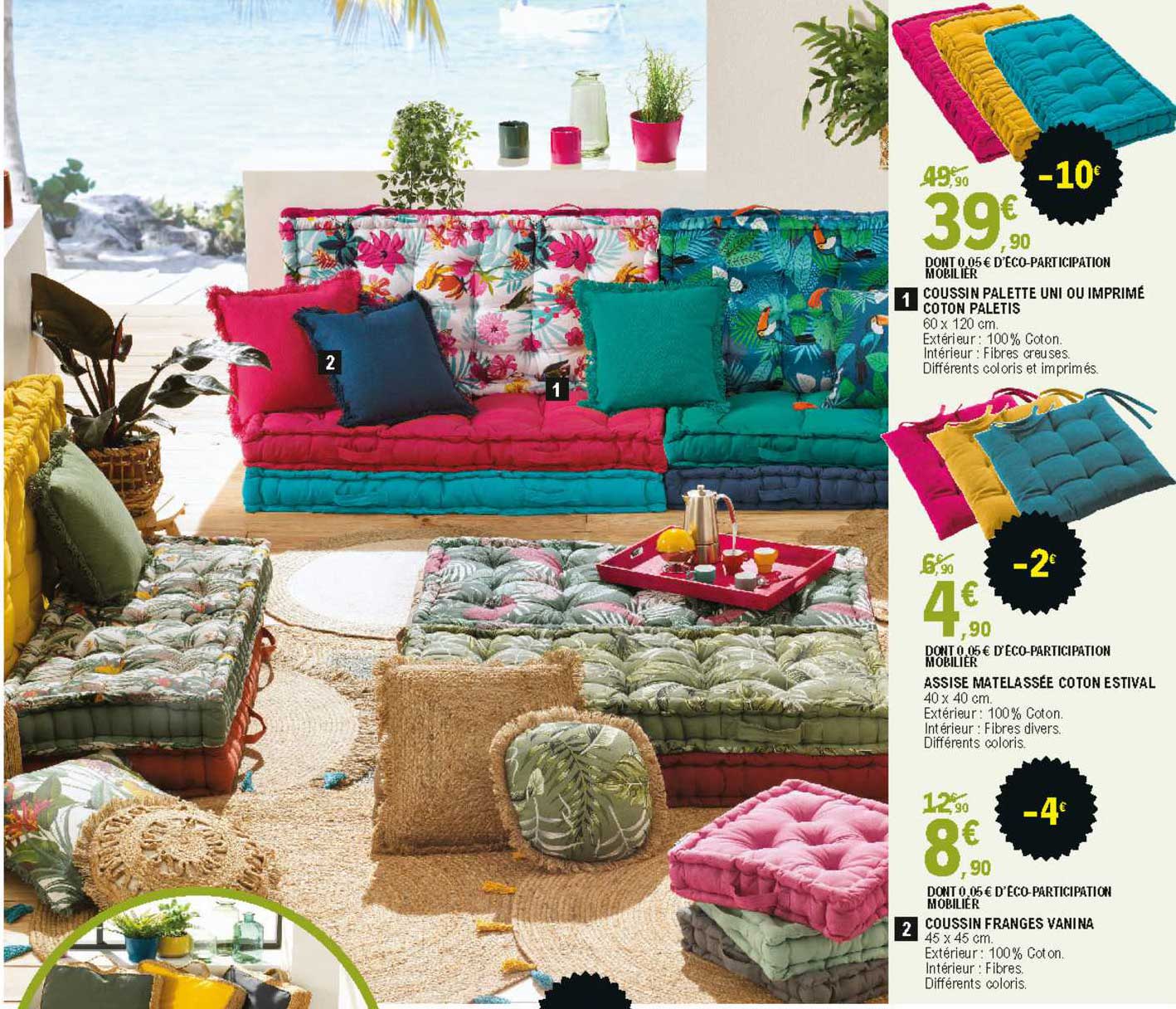 Coussin Palette Uni, Ou Imprimé Coton Paletis, Assise Matelassée Coton Estival, Coussin Franges Vanina