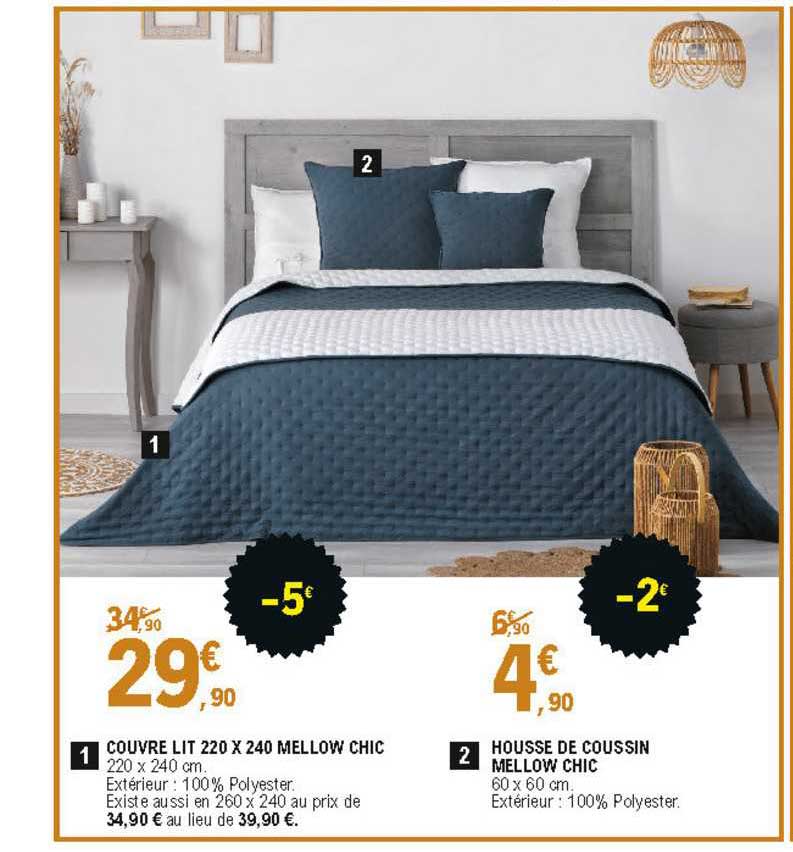 couvre lit 220 x 240 mellow chic, housse de coussin mellow chic