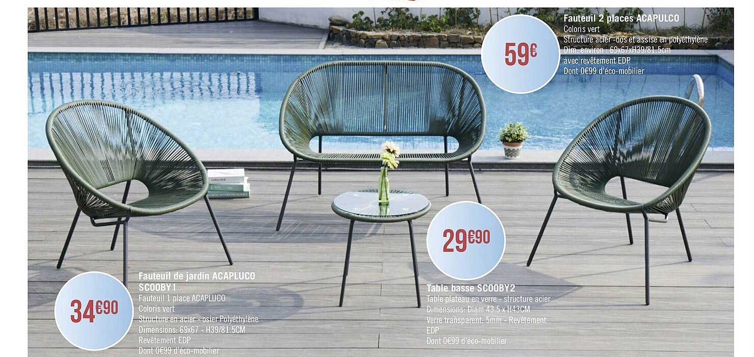fauteuil de jardin acapulco , table basse scooby2, fauteuil 2 places acapulco