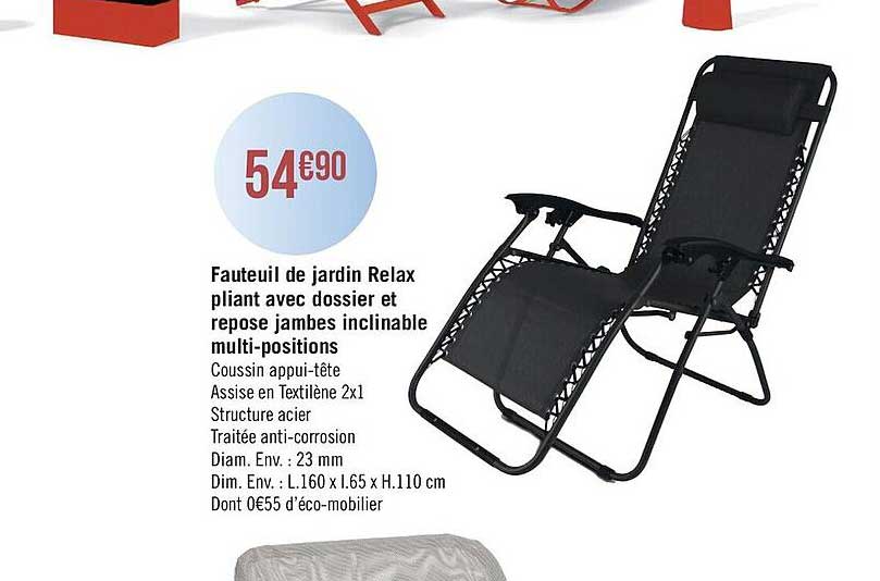 fauteuil de jardin relax pliant avec dossier et repose jambes inclinable multi-positions