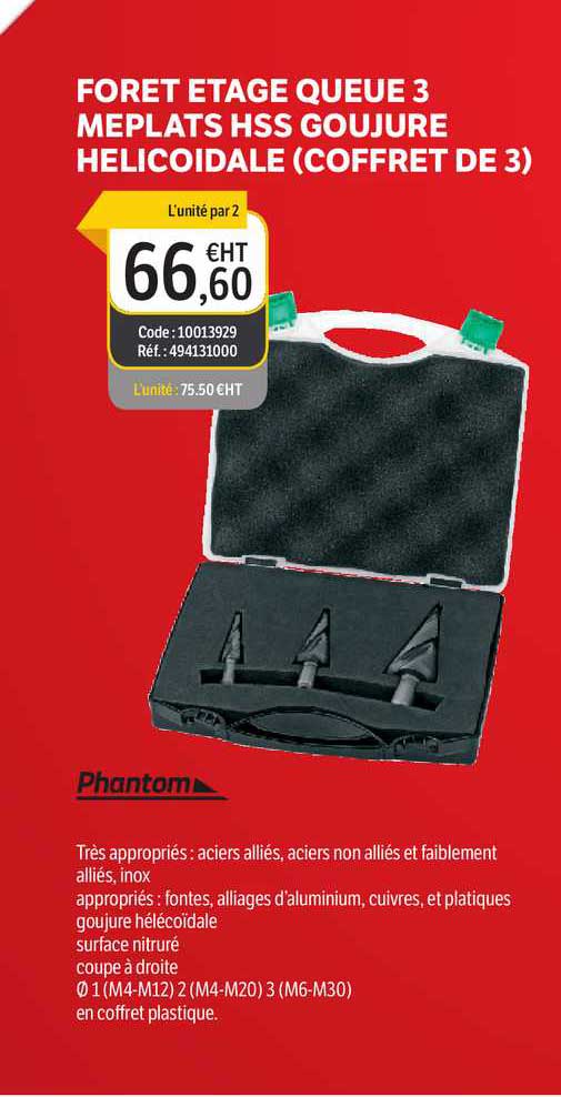 foret étage queue 3 meplats hss goujure helicoidale coffret de 3 phantom