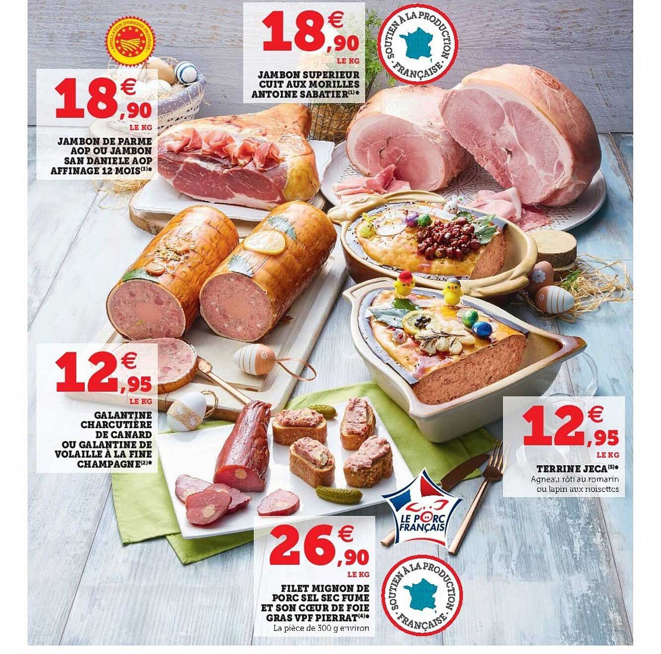 jambon de parme aop ou jambon san daniele aop affinage 12 mois, jambon supérieur cuit aux morilles antoine sabatier, galantine charcutière de canard ou galantine de volaille à la fine champagne