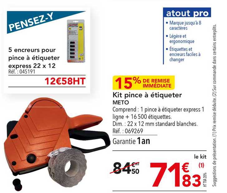 kit pince à étiqueter meto, 5 encreurs pour pince à étiqueter