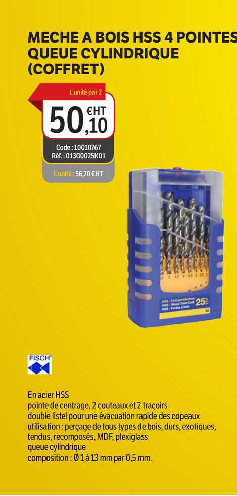 meche à bois hss 4 pointes queue cylindrique coffret fisch