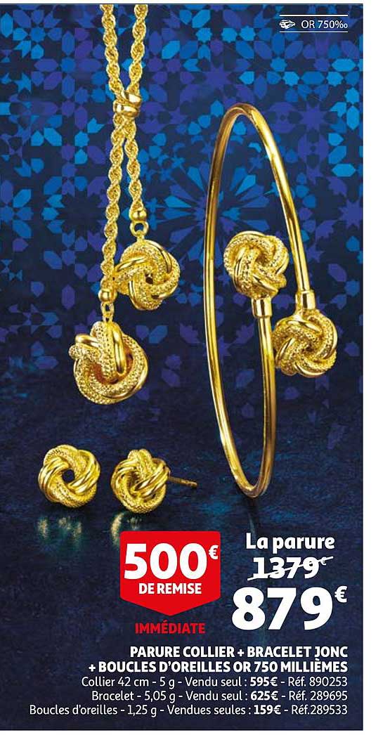 parure collier + bracelet jonc + boucles d'oreilles or 70 millièmes