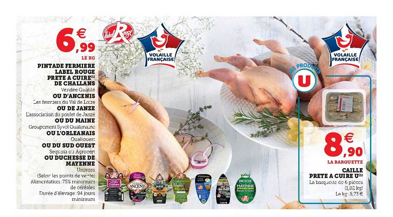 pintade fermière label rouge prête à cuite de challand ou d'ancenis ou de janze ou du maine ou l'orléanais ou du sud ouest ou duchesse de mayenne