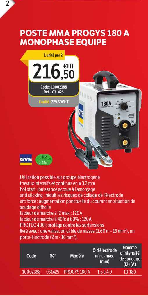 poste mma progys 180 a monophase equipé