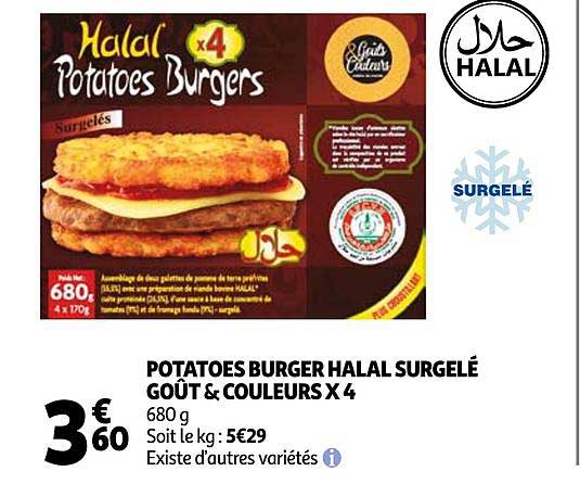 Potatoes Burger Halal Surgelé Goût & Couleurs X4