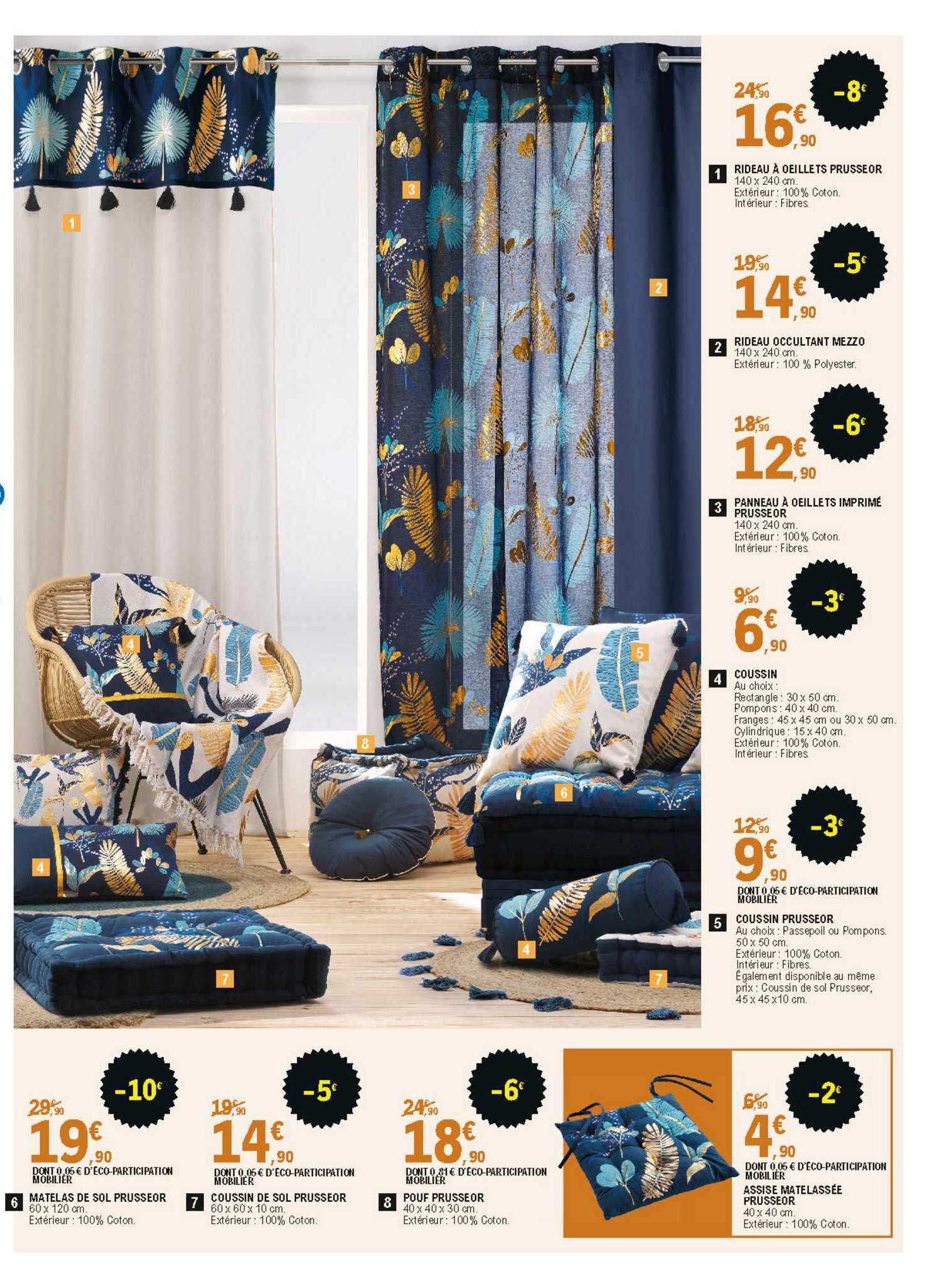 rideau à œillet prusseor, rideau occultant mezzo, panneaux à œillet, coussin, matelas de sol, coussin de sol, pouf