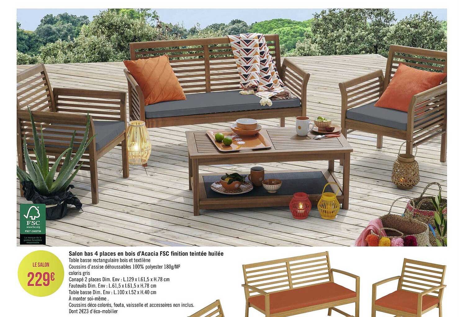 salon bas 4 places en bois d'acacia fsc finition teintée huilée