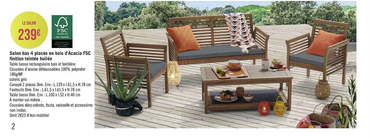 salon bas 4 places en bois d'acacia fsc finition teintée huilée