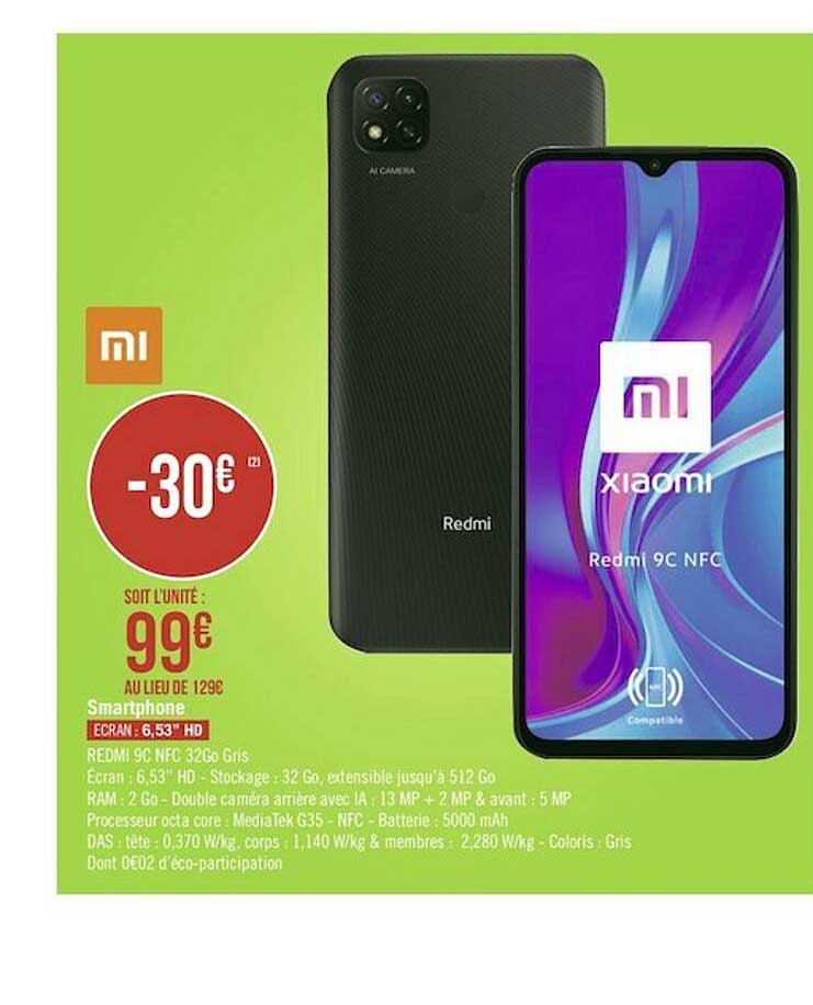 smartphone redmi 9c nfc 32go gris xiaomi
