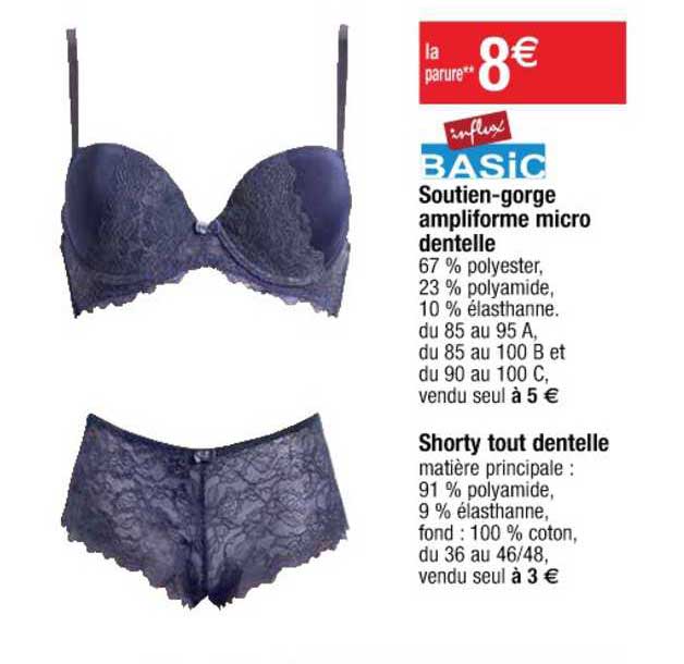 soutien-gorge ampliforme micro dentelle, shorty tout dentelle