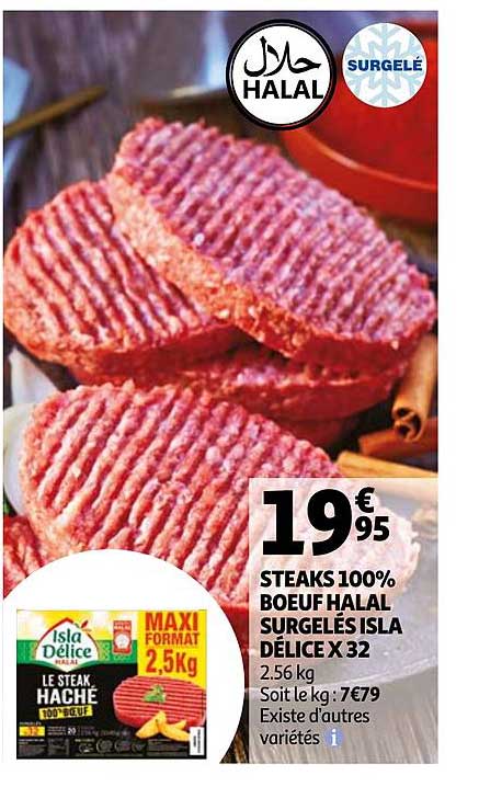 steaks 100% bœuf halal surgelés isla délice x32