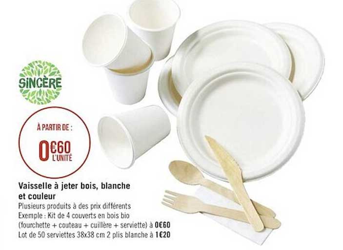 vaisselle à jeter bois, blanche et couleur sincère